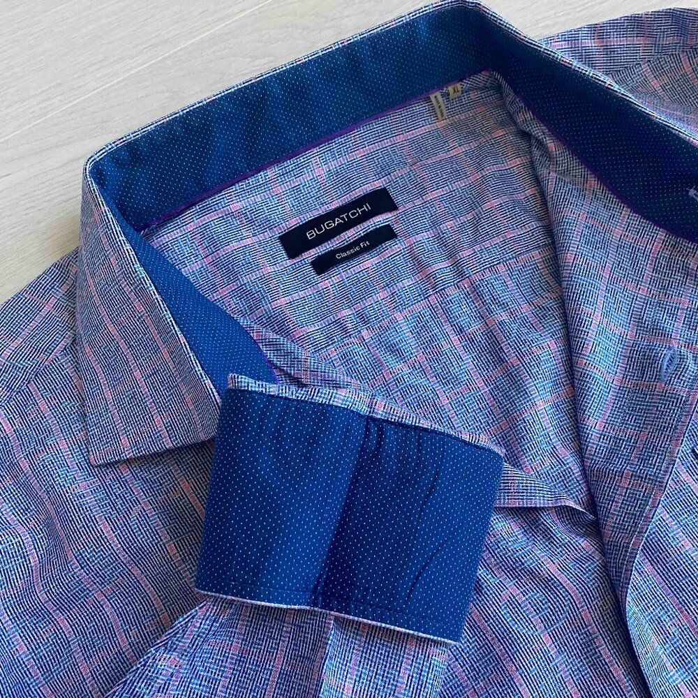 Bugatchi Blue Pink Stripes with Subtle Swirl Print Men Dress Shirt Size XL Work